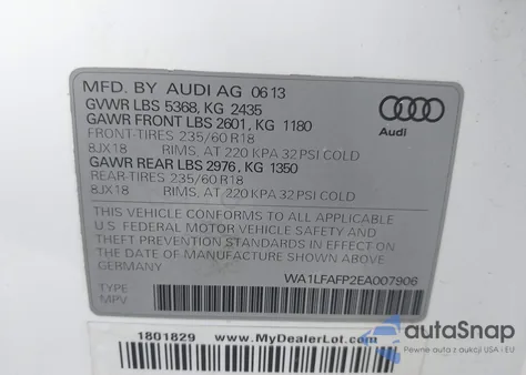 2014 Audi Q5 2.0T Premium from USA, damaged, VIN WA1LFAFP2EA007906